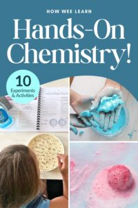 Collage of chemistry activities including a coursebook open to a Soap and Pepper Experiment activity, mixing blue oobleck, and observing a fizzing bath bomb. Text reads “Hands-On Chemistry! 10 Experiments & Activities.”