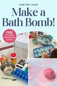 Bath bomb ingredients and instructions are shown, with a child filling an ice cube tray and a finished pink bath bomb fizzing in water. Free printable homeschool lesson is also offered.