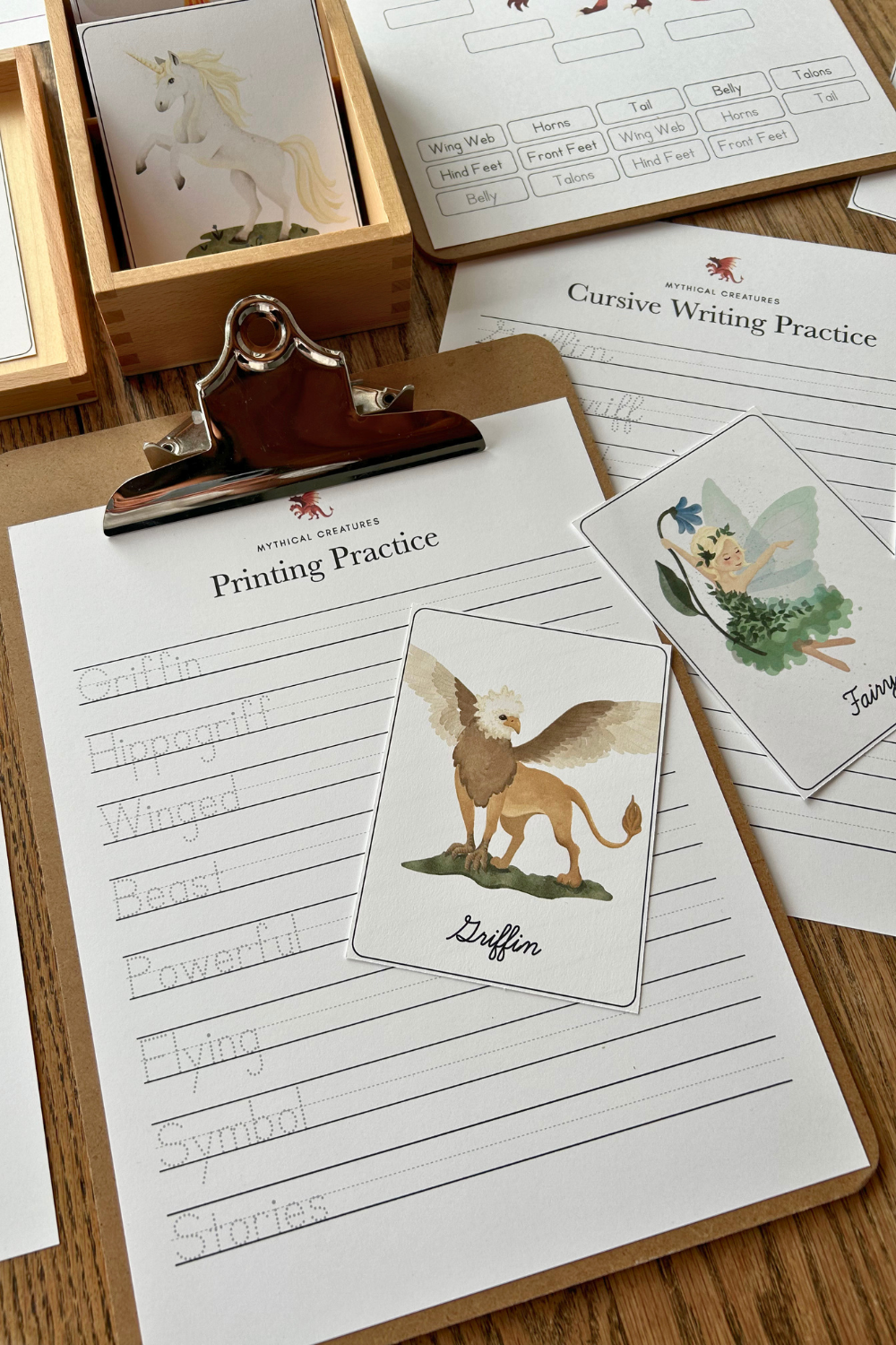 Mythical Creatures Unit Study for kids by How Wee Learn featuring a printing practice page and a watercolor image of a griffin.