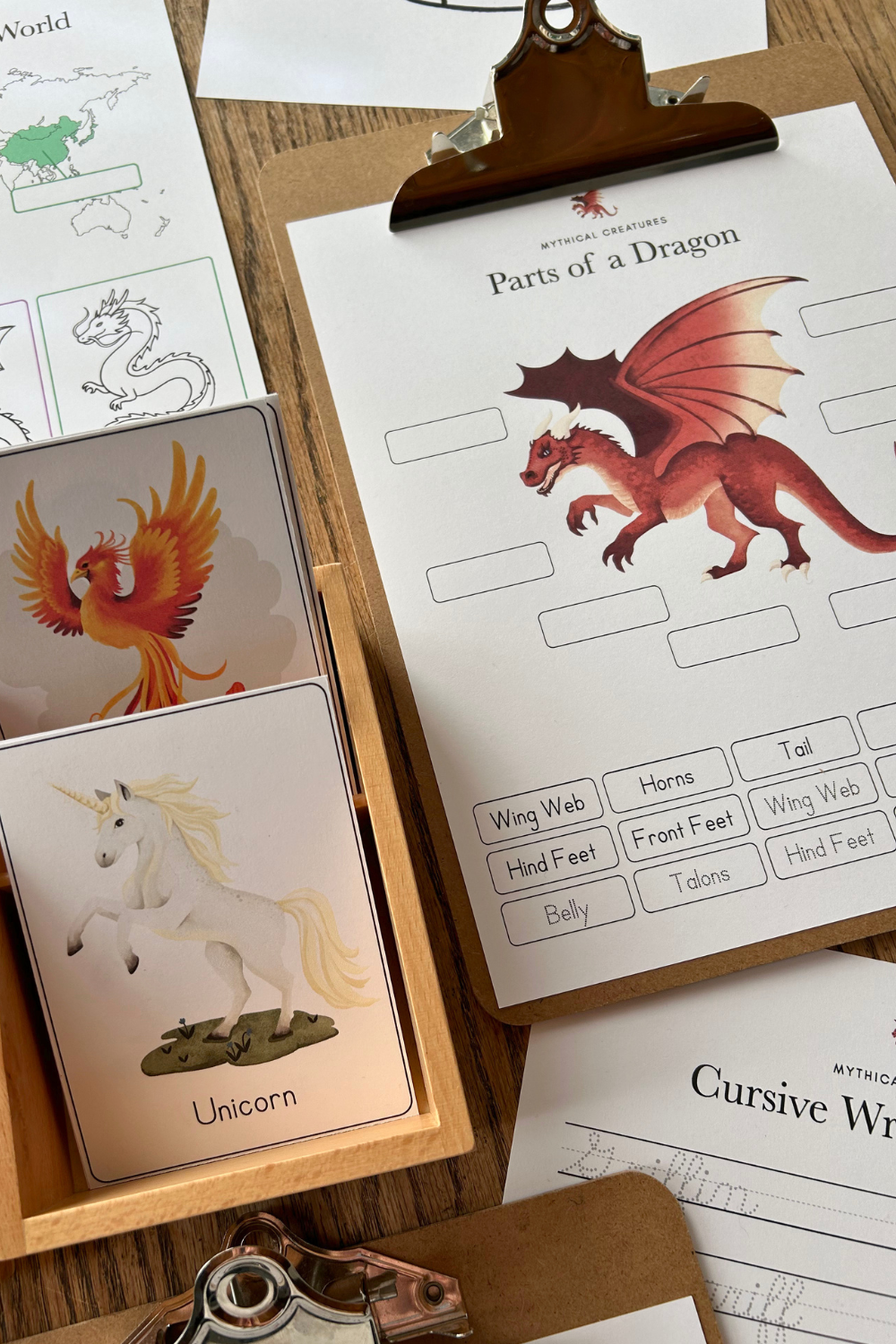 Mythical Creatures Unit Study for kids by How Wee Learn featuring a 'parts of a dragon' worksheet.