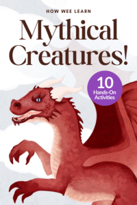 A red watercolor dragon with the words "Mythical Creatures!" and "10 hands-on activities"