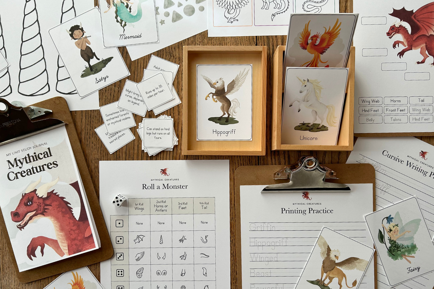 Mythical Creatures Unit Study for kids by How Wee Learn featuring various vocabulary cards and worksheets.