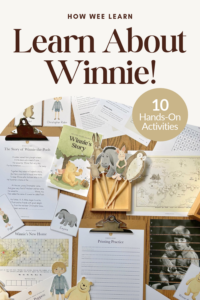 Educational materials about Winnie the Pooh, including worksheets, story cards, maps, and cut-out characters, arranged on a table with a “10 Hands-On Activities” label.