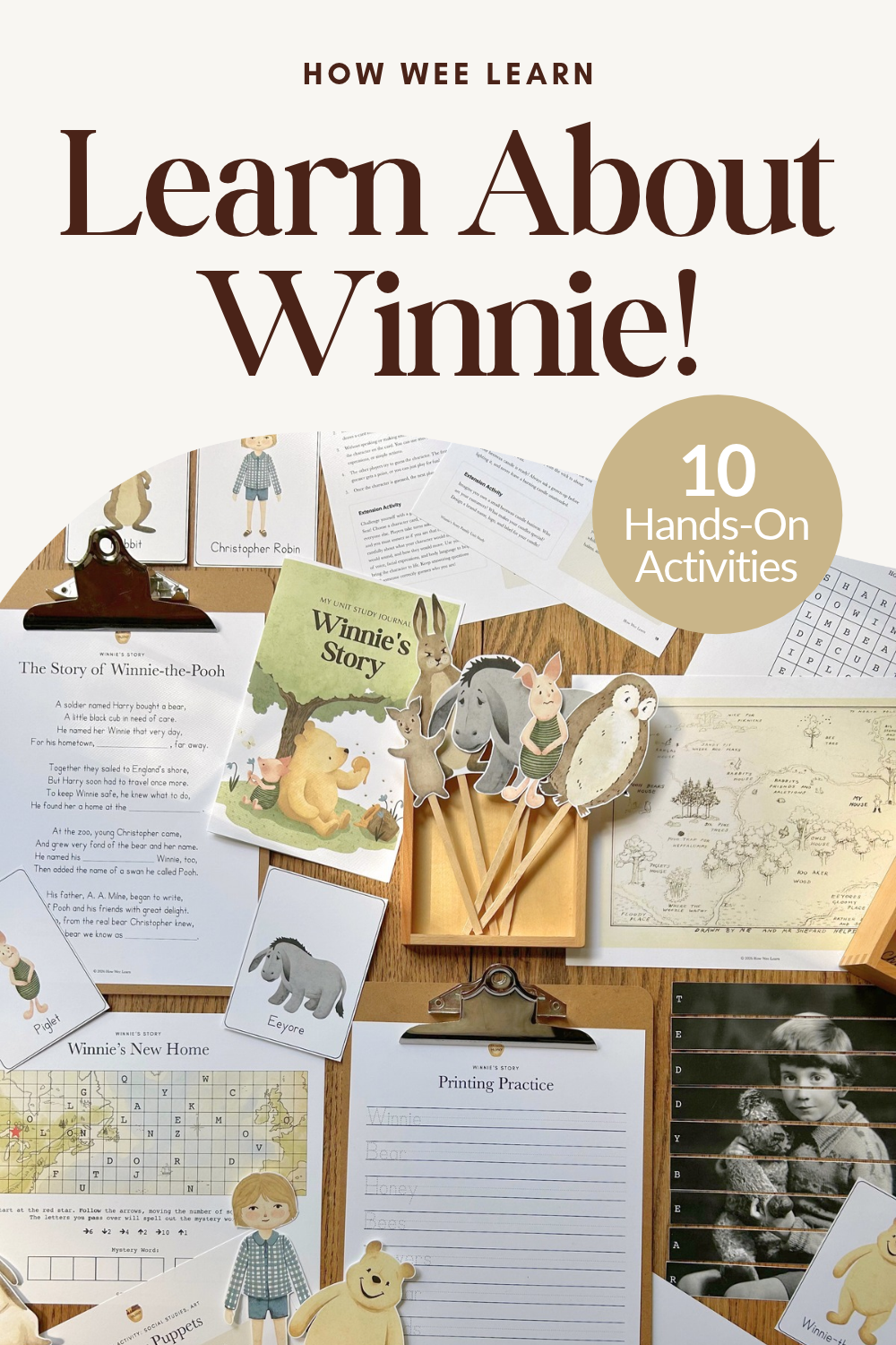 Educational materials about Winnie the Pooh, including worksheets, story cards, maps, and cut-out characters, arranged on a table with a β10 Hands-On Activitiesβ label.