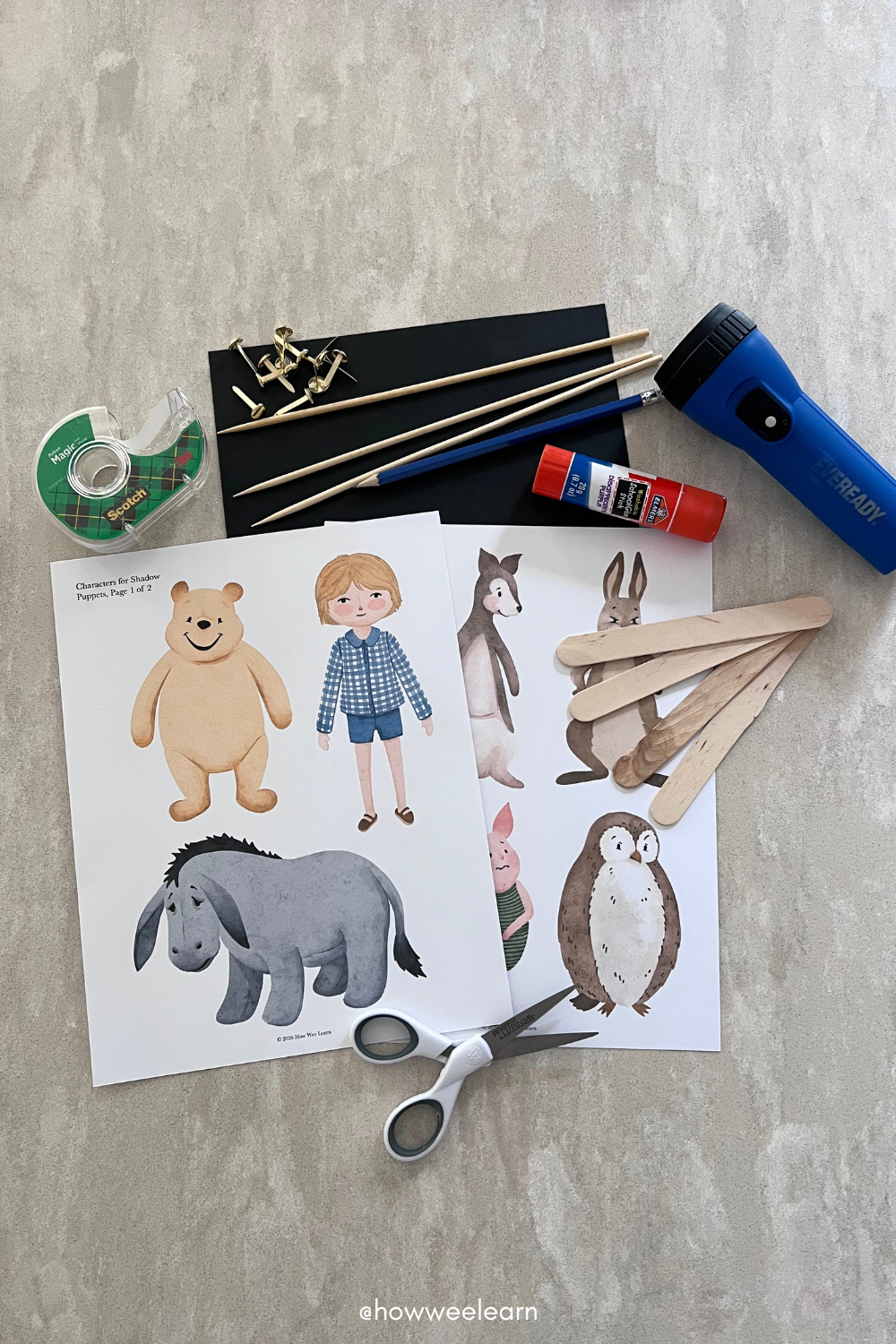 Materials needed for the shadow puppets